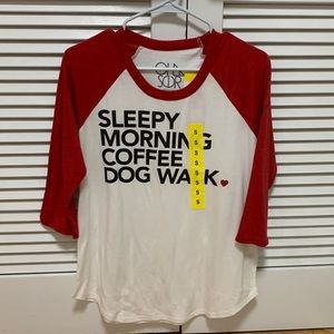 Fun baseball tee. Sleepy morning coffee dog walk. Size small.
